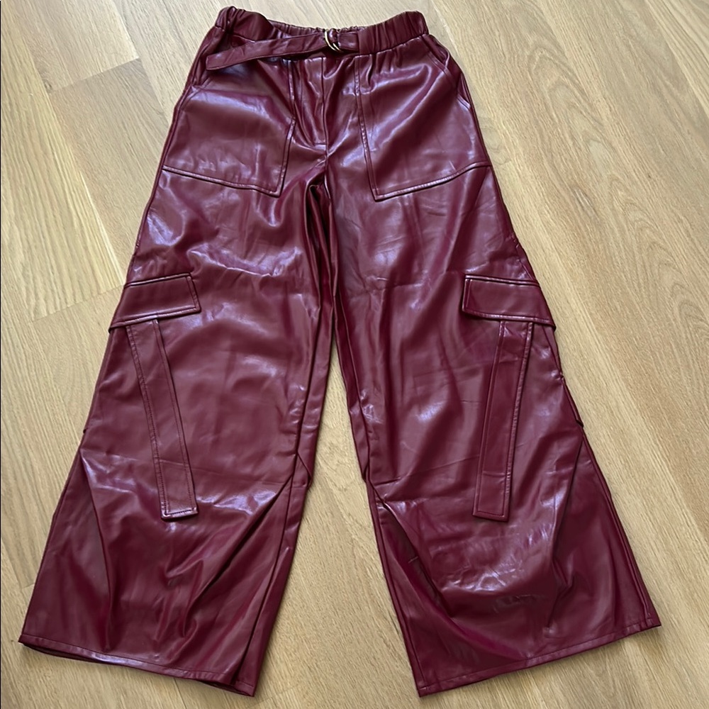 Wide Leg Faux Leather Cargo Pants - Burgundy